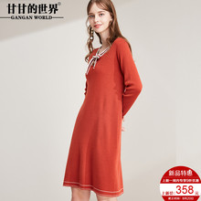 中长款针织衫2018秋装新款甘甘的世界蝴蝶结V领毛衣女连衣裙图片