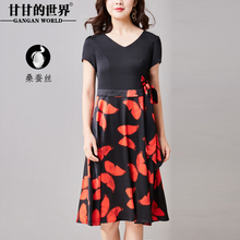 D真丝连衣裙女弹力缎蝴蝶印花优雅新款甘甘的世界桑蚕丝连衣裙女图片