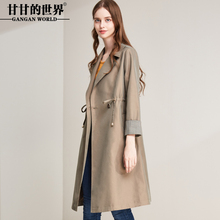 甘甘的世界2018秋季新款中长款拼接格纹九分袖风衣女腰部抽绳外套图片
