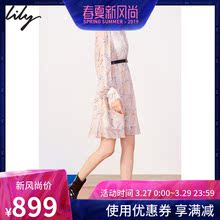 Lily2019春新款女真丝桑蚕丝拼接蕾丝收腰印花连衣裙119139C7940图片