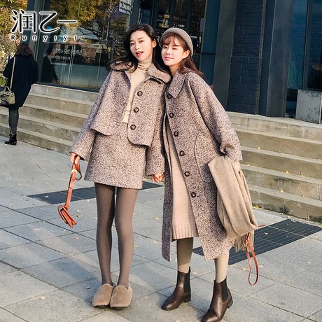 润乙一气质翻领呢大衣女中长款2018冬装新款韩版时尚毛呢外套套装商品大图