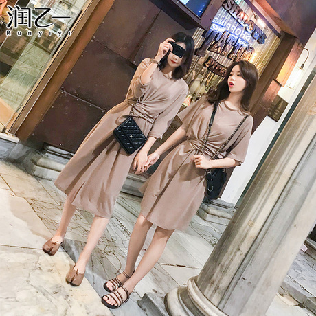 润乙一闺蜜装pphome长裙 韩版针织连衣裙女夏2018新款中长款裙子商品大图