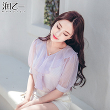 润乙一波点雪纺衫女短袖2018夏新款荷叶边超仙洋气宽松甜美上衣潮图片