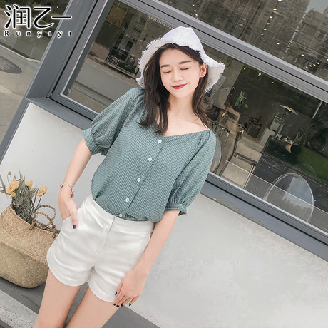 润乙一格子衬衫女夏港风 短袖单排扣棉布上衣商品大图