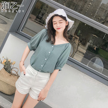 润乙一格子衬衫女夏港风 短袖单排扣棉布上衣图片