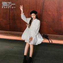 润乙一2018秋装新款韩版中长款衬衫连衣裙女 修身长袖白色裙子图片