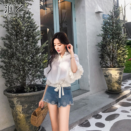 润乙一网红慵懒风短袖衬衣社会 chic早秋雪纺衬衫上衣港味女韩范商品大图