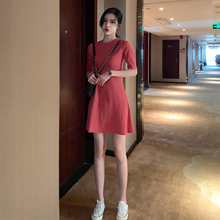 chic圆领收腰显瘦纯色百搭裙子仙女超仙森系连衣裙女 2019夏季韩版