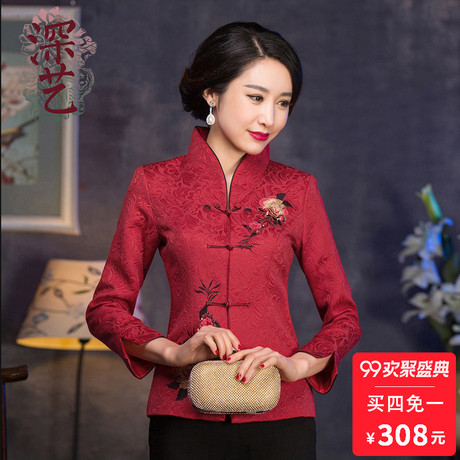 深艺秋冬装旗袍唐装女上衣中老年妈妈装唐装外套中式复古长袖刺绣商品大图