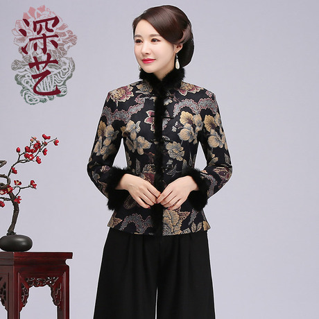 深艺秋冬中式女士唐装外套旗袍上衣女短款茶人服女复古毛领禅服女商品大图