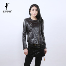 紫帝莎澜女装2018新款圆领绵羊皮皮衣百搭夹克短款外套6654图片