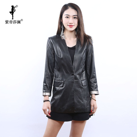 紫帝莎澜女装2018新款V领绵羊皮皮衣修身显瘦中长外套LM2503Y商品大图