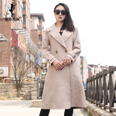 紫帝莎澜女装2018新款西服领双面羊毛呢大衣收腰长风衣外套87608