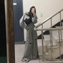 韩国秋冬连帽短款宽松蝙蝠袖卫衣破洞休闲阔长腿裤两件套套装女潮