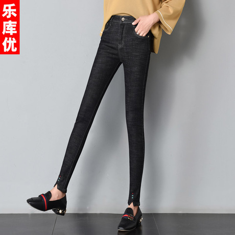 乐库优春秋新款高腰弹力牛仔裤女裤修身显瘦开衩小脚裤九分裤商品大图
