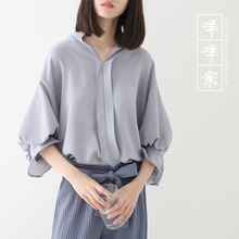 雪纺衫 纯色衬衫 记忆 口女夏新灯笼袖 婉约设计小立领荷叶边袖