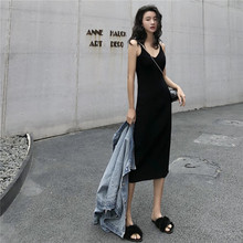 150cm 小个子显高穿搭 春夏v领修身坑条针织吊带裙开叉背心裙xs