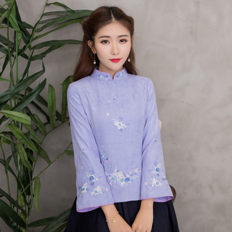 2018秋民国风优雅唐装女茶艺服长袖上衣绣花复古旗袍上衣改良时尚商品大图