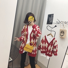 CHICFISH韩版亲子装2018秋装针菱形格子V领针织衫毛衣 母女母子装