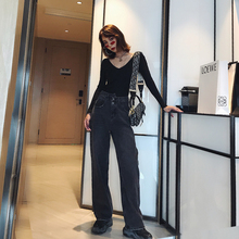 x-mier黑色阔腿牛仔裤女2019宽松显瘦不规则高腰泫雅直筒拖地长裤
