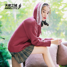 天使之城2018春季新款加绒连帽衫拼接袖套头卫衣女62170398图片