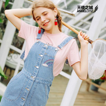 天使之城2018春夏新品修身牛仔连衣裙刺绣背带裙女62170818图片
