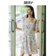 天使之城2018夏季新款露肩吊带裙碎花小仙女裙淑女中袖连衣裙图片