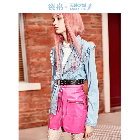 天使之城2018秋季新款刺绣木耳边牛仔衬衫帅气衬衣女62180090商品大图
