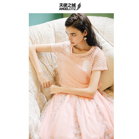 天使之城拼接网纱连衣裙修身短袖连衣裙淑女裙子女夏商品大图