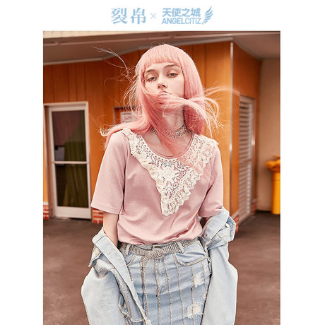 天使之城2018秋季新款针织宽松短袖T恤领花装饰上衣女62180060商品大图