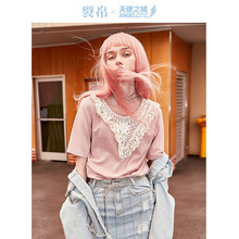 天使之城2018秋季新款针织宽松短袖T恤领花装饰上衣女62180060图片