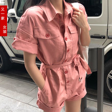 粉色宽松短袖 女装 大阔腿卷边连体裤 2018秋季新款 韩国东大门代购