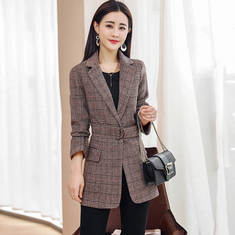 2018新款春秋季女装韩版时尚中长款休闲修身复古格子长袖西装外套商品大图