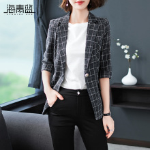 海青蓝2018秋季新款女OL气质修身英伦风chic格子小西装外套04721图片