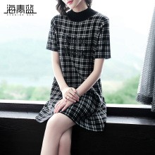海青蓝2018秋装新款女装时尚立领短袖刺绣格子a字针织连衣裙04888图片