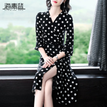 海青蓝2018秋装新款女v领长袖收腰时尚波点印花中长款连衣裙04876图片