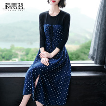 海青蓝2018秋装新款女装长袖绑带拼接修身不规则波点连衣裙04963图片