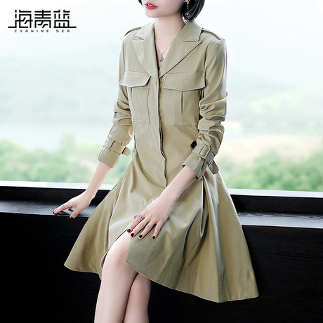 海青蓝2018秋季新款女长袖修身西装外套时尚气质中长款风衣04939商品大图