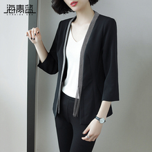 海青蓝2018秋装新款女时尚拼接休闲百搭黑色流苏开衫短外套05157图片