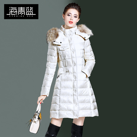 海青蓝2018冬装新款女装欧美时尚长袖修身连帽中长款羽绒服06036商品大图