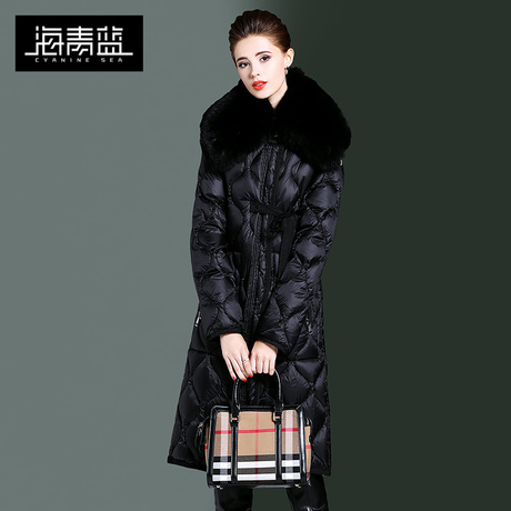 海青蓝2018冬季新款女装黑色羽绒服中长款毛领保暖时尚上衣06040商品大图