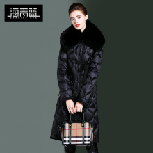 海青蓝2018冬季新款女装黑色羽绒服中长款毛领保暖时尚上衣06040图片