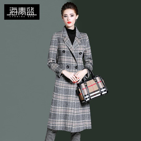 海青蓝2018冬装新款女时尚双面呢大衣修身显瘦格子毛呢外套06355商品大图