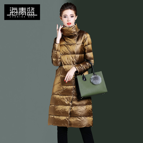 海青蓝冬装女2018新款时尚长袖中长款显瘦保暖百搭羽绒服潮06049商品大图
