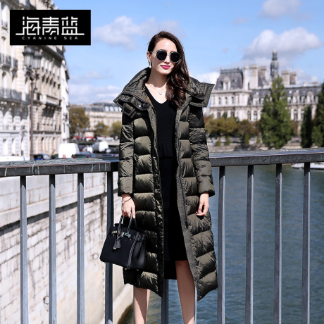 海青蓝冬装女装2018新款欧美时尚过膝中长款连帽修身羽绒服06248商品大图