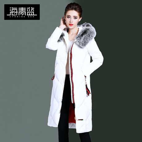 海青蓝冬装女2018新款时尚毛绒连帽中长款修身显瘦羽绒服潮06072商品大图