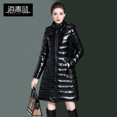 海青蓝冬装女2018新款时尚长袖连帽修身显瘦百搭保暖羽绒服06043商品大图