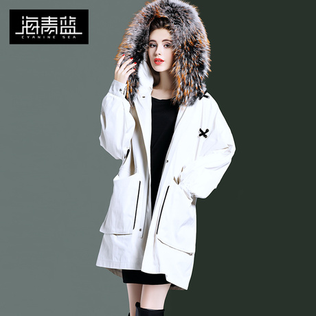 海青蓝冬装女2018新款时尚宽松chic大毛领休闲百搭羽绒服潮06030商品大图