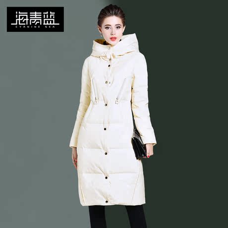 海青蓝冬装女2018新款时尚宽松大码外套百搭中长连帽羽绒服06059商品大图