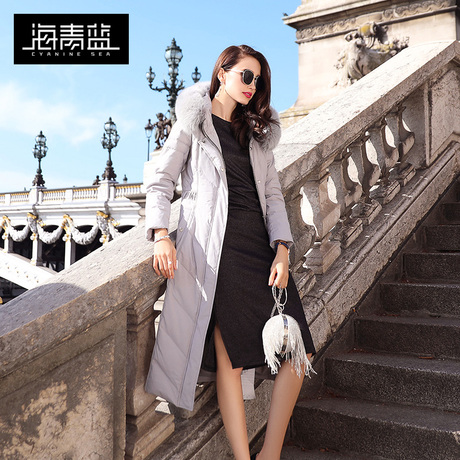 海青蓝冬装2018新款欧美时尚气质中长过膝大毛领羽绒服女装06202商品大图